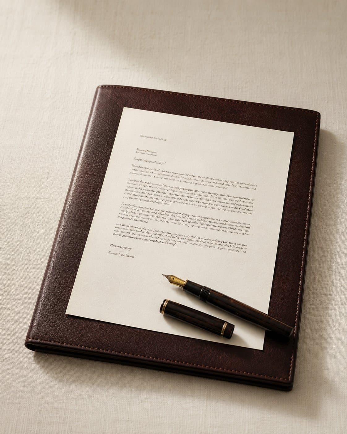 A single closed oxblood leather portfolio with a sheet of cream business stationery on top and a dark fountain pen with brass nib resting diagonally, on a cream linen surface.